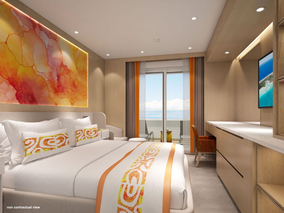 A rendering of a balcony cabin aboard Aranoa